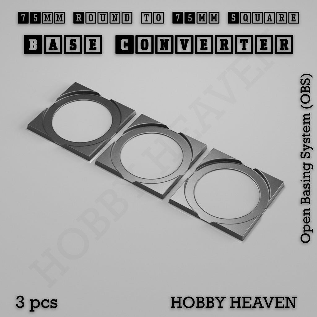 Three converters that give a 75mm round base a 75mm square footprint, shown loose.