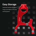 Easy storage graphic: the AT-CSS hung by its hollow handle end on a black pegboard hook