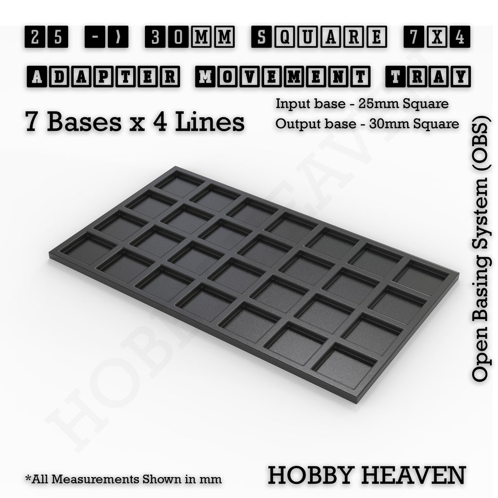 CGI render of the 25 to 30 mm square adapter, 7 × 4 formation, with 28 seats for 25 mm square bases.