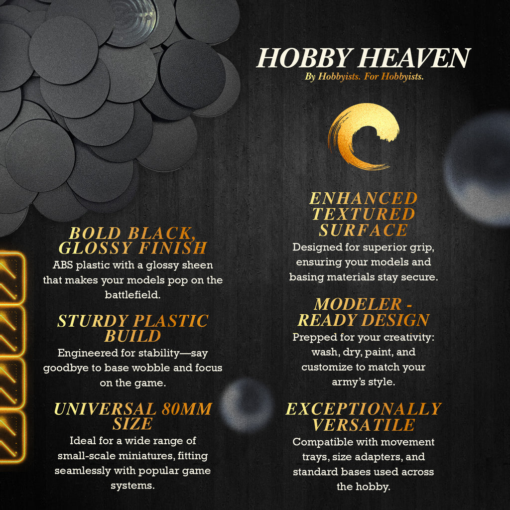 Infographic: 6 key benefits of 80mm round bases for wargaming - durability, compatibility, detailing ease, game variety, customization
