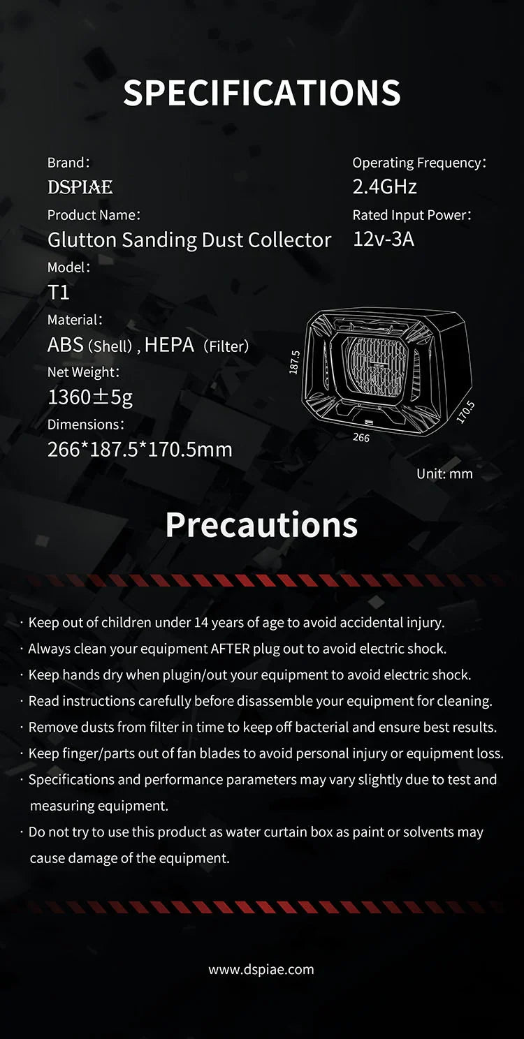 DSPIAE Glutton specifications and precautions: 266 x 187.5 x 170.5 mm, 1360 g, ABS shell, HEPA filter, 12 V 3 A
