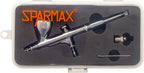 Sparmax SP-20X in its clear storage case with die-cut foam holding the airbrush, air valve and cleaning brush