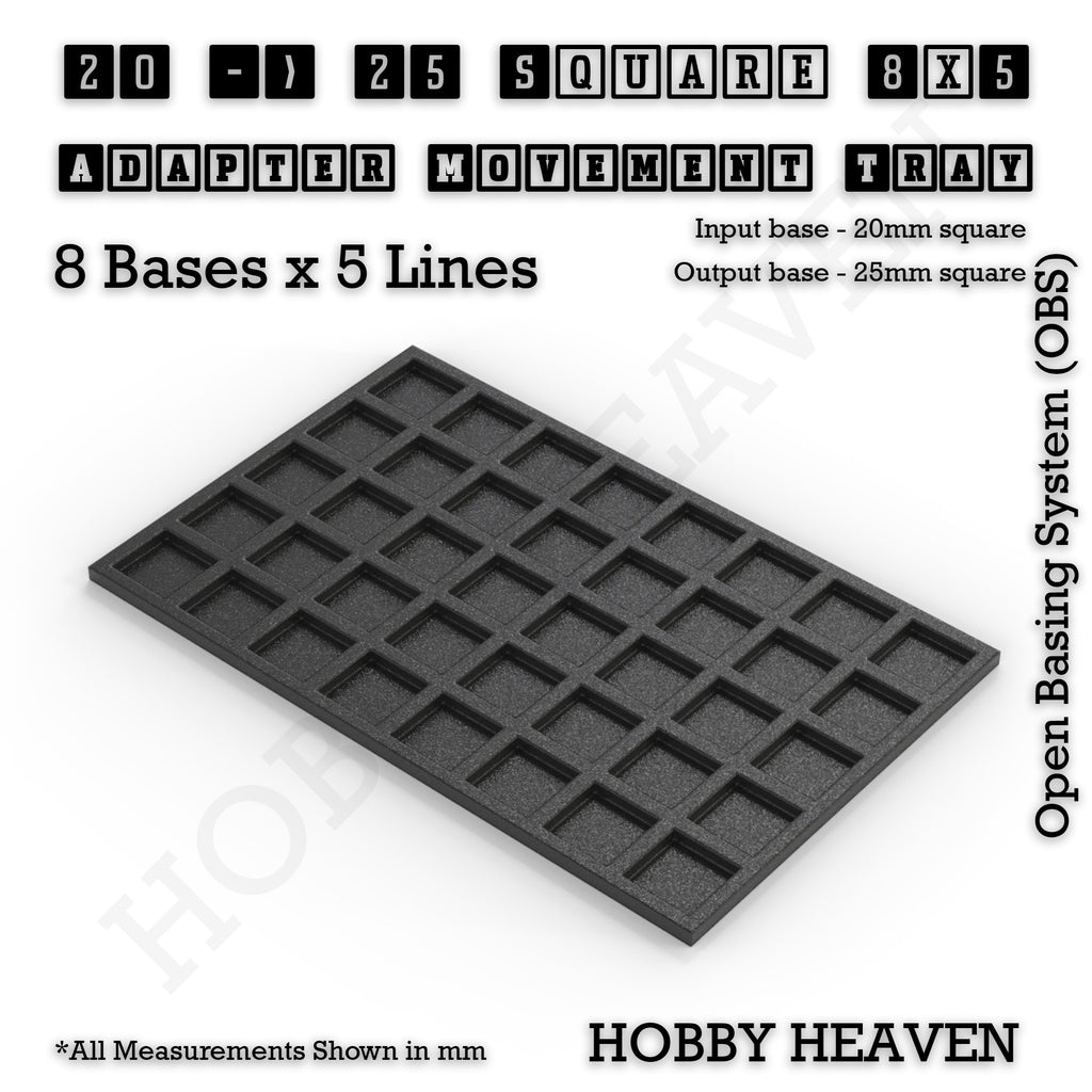 CGI render of the 20 to 25 mm square adapter, 8 × 5 formation, with 40 seats for 20 mm square bases.