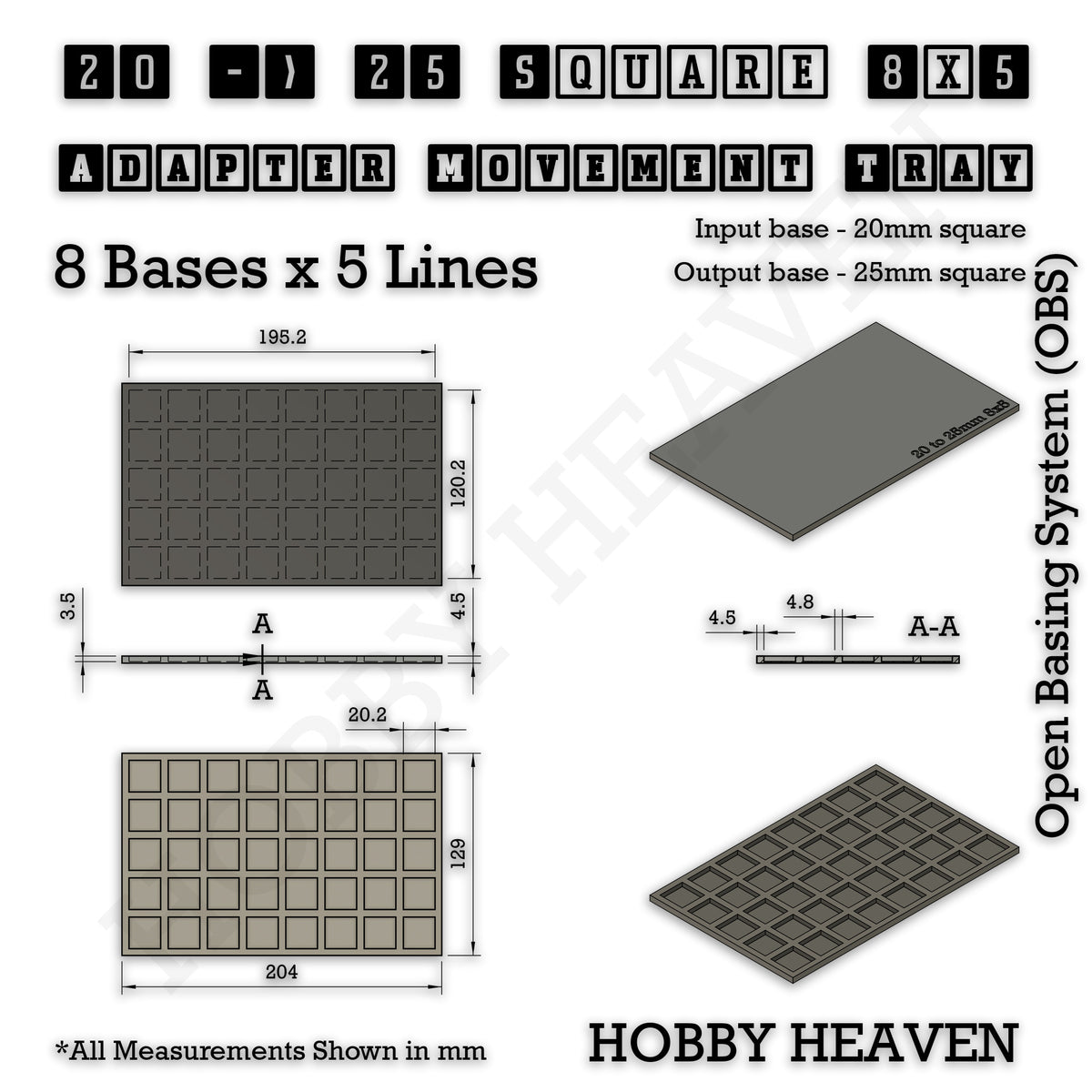 Technical drawing of the 20 to 25 mm square adapter, 8 × 5 formation: 204 × 129 mm overall, 4.5 mm tall.
