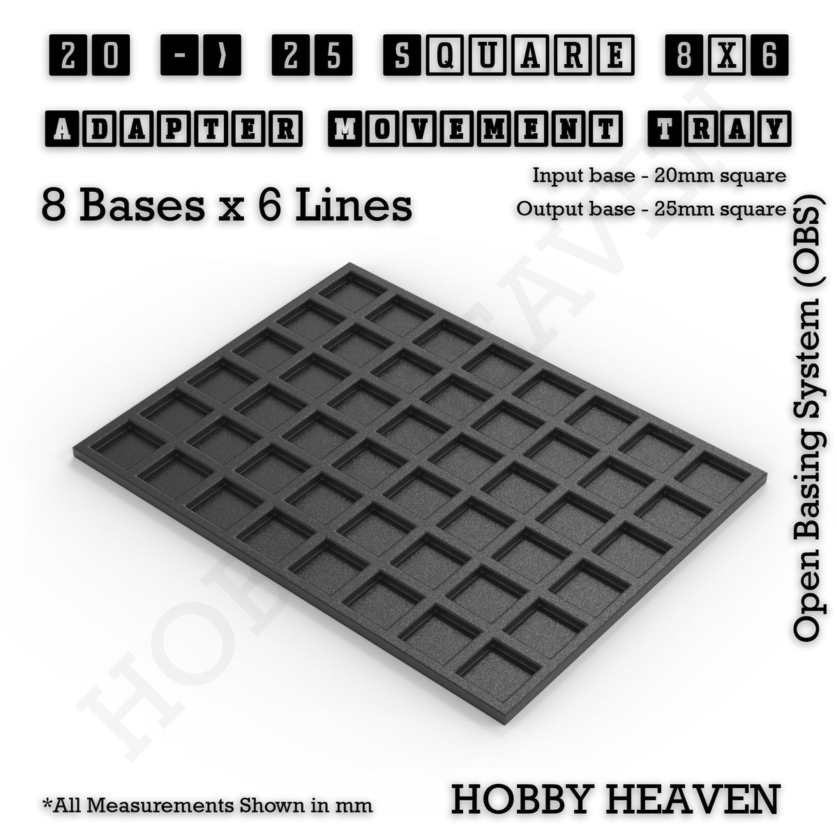 CGI render of the 20 to 25 mm square adapter, 8 × 6 formation, with 48 seats for 20 mm square bases.