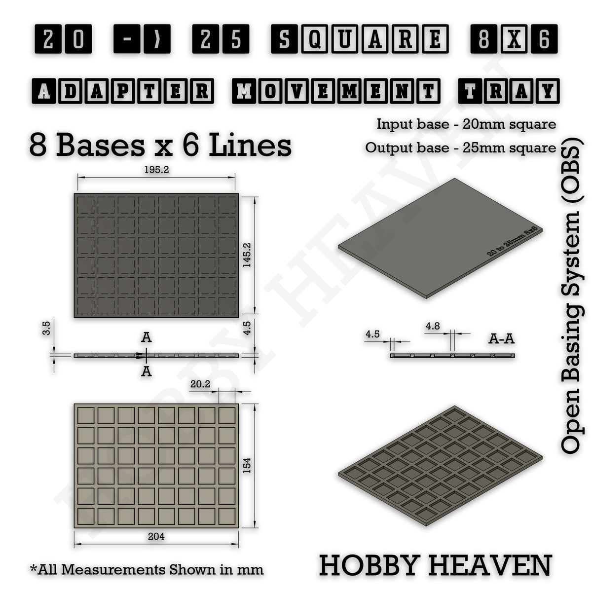 Technical drawing of the 20 to 25 mm square adapter, 8 × 6 formation: 204 × 154 mm overall, 4.5 mm tall.