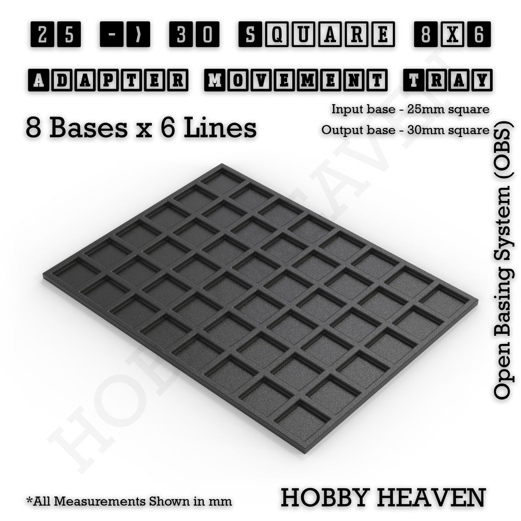 CGI render of the 25 to 30 mm square adapter, 8 × 6 formation, with 48 seats for 25 mm square bases.