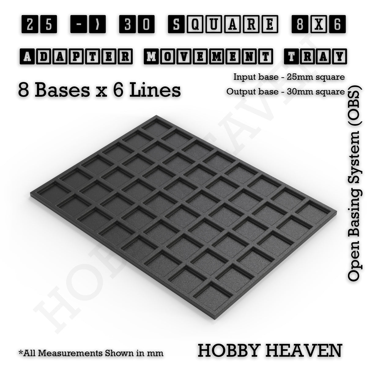 CGI render of the 25 to 30 mm square adapter, 8 × 6 formation, with 48 seats for 25 mm square bases.