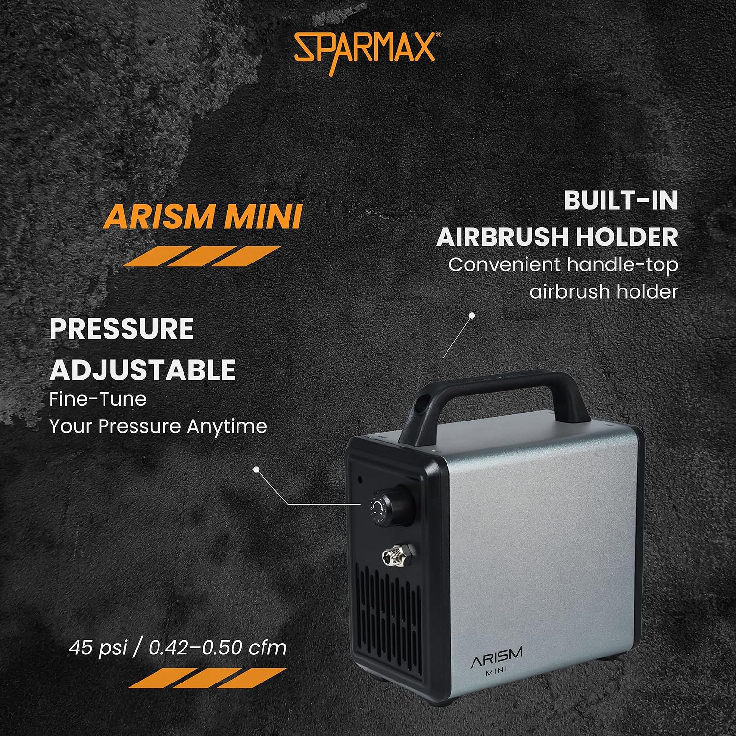 Sparmax ARISM Mini Airbrush Compressor (C-AR-MINI-GREY) – Cosmic Grey, 28 psi, 49 dB
