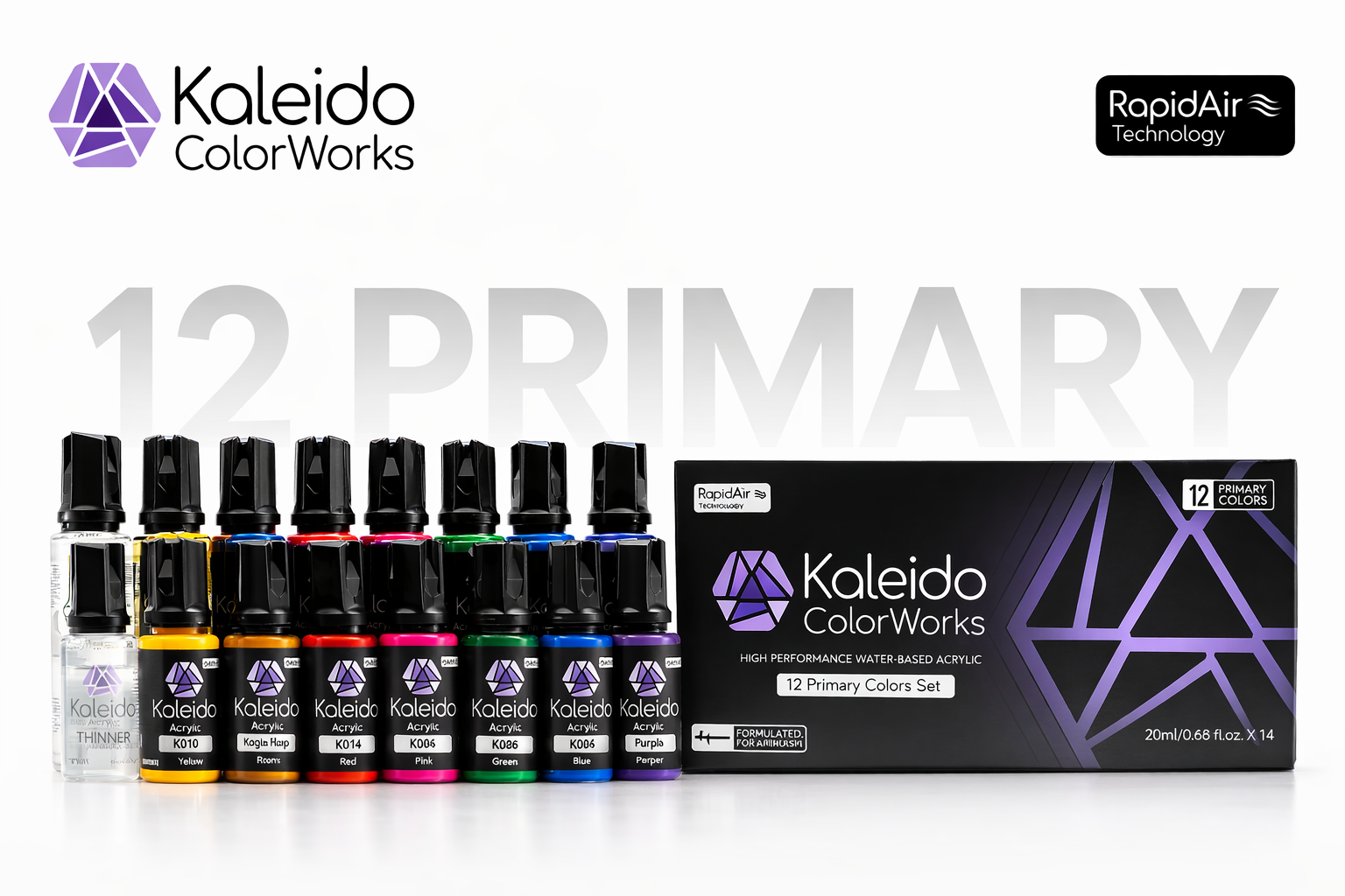 Kaleido RapidAir 12 Primary Airbrush Paint Set + Thinner & Cleaner