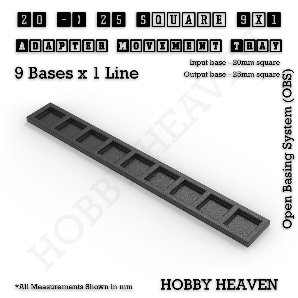 CGI render of the 20 to 25 mm square adapter, 9 × 1 formation, with 9 seats for 20 mm square bases.