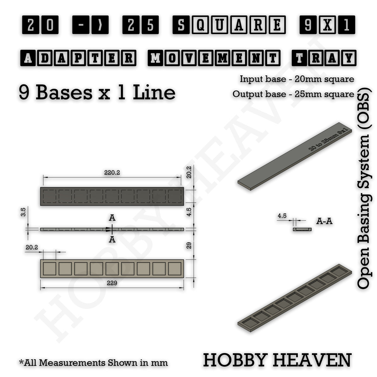 Technical drawing of the 20 to 25 mm square adapter, 9 × 1 formation: 229 × 29 mm overall, 4.5 mm tall.