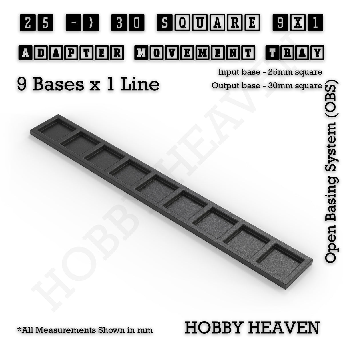 CGI render of the 25 to 30 mm square adapter, 9 × 1 formation, with 9 seats for 25 mm square bases.