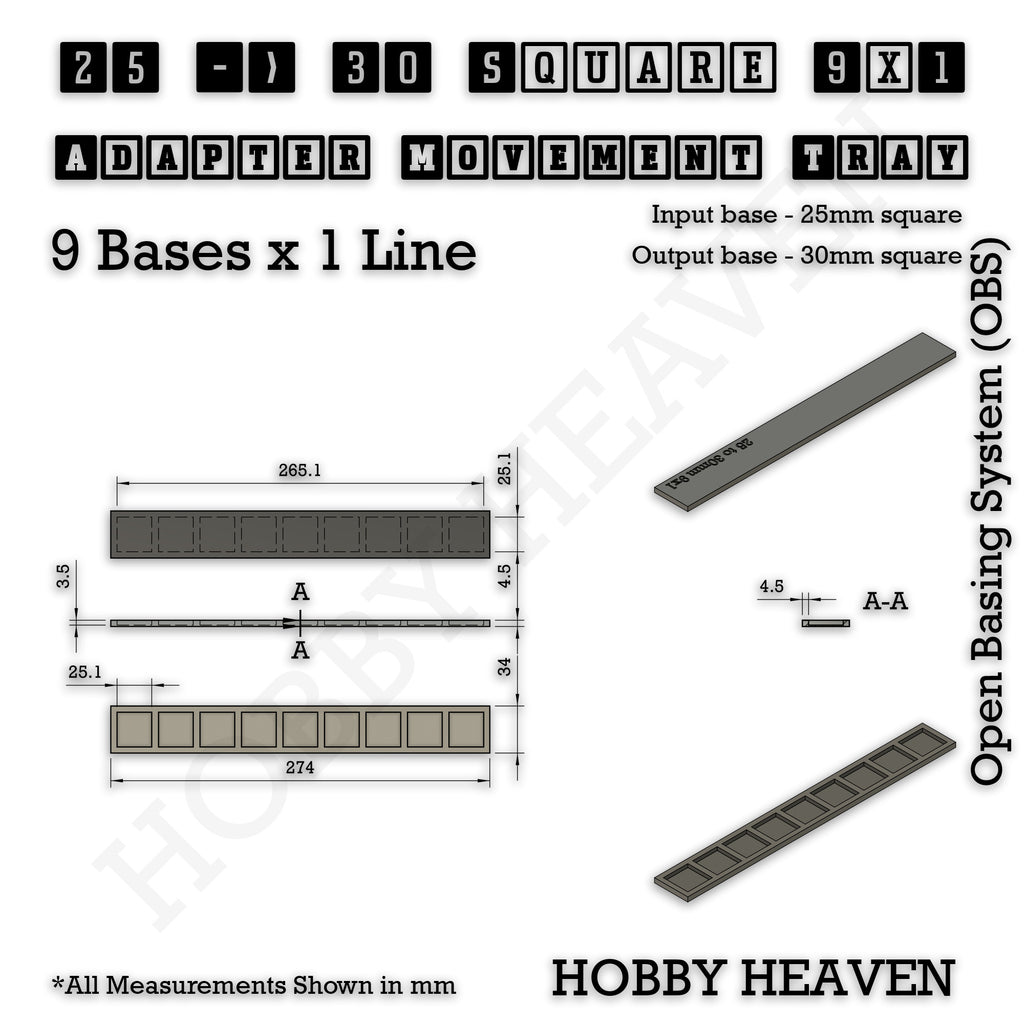 Technical drawing of the 25 to 30 mm square adapter, 9 × 1 formation: 274 × 34 mm overall, 4.5 mm tall.