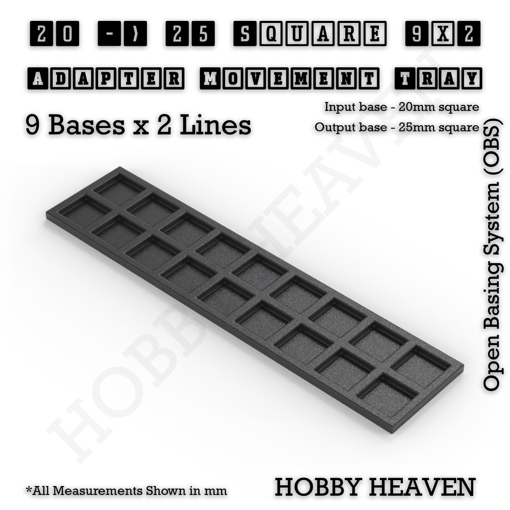 CGI render of the 20 to 25 mm square adapter, 9 × 2 formation, with 18 seats for 20 mm square bases.