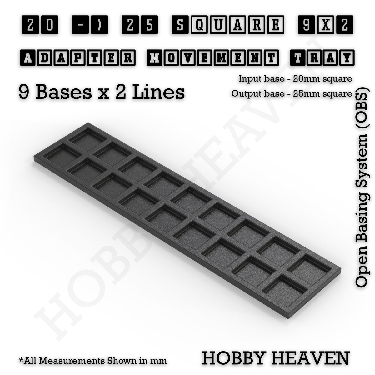 CGI render of the 20 to 25 mm square adapter, 9 × 2 formation, with 18 seats for 20 mm square bases.