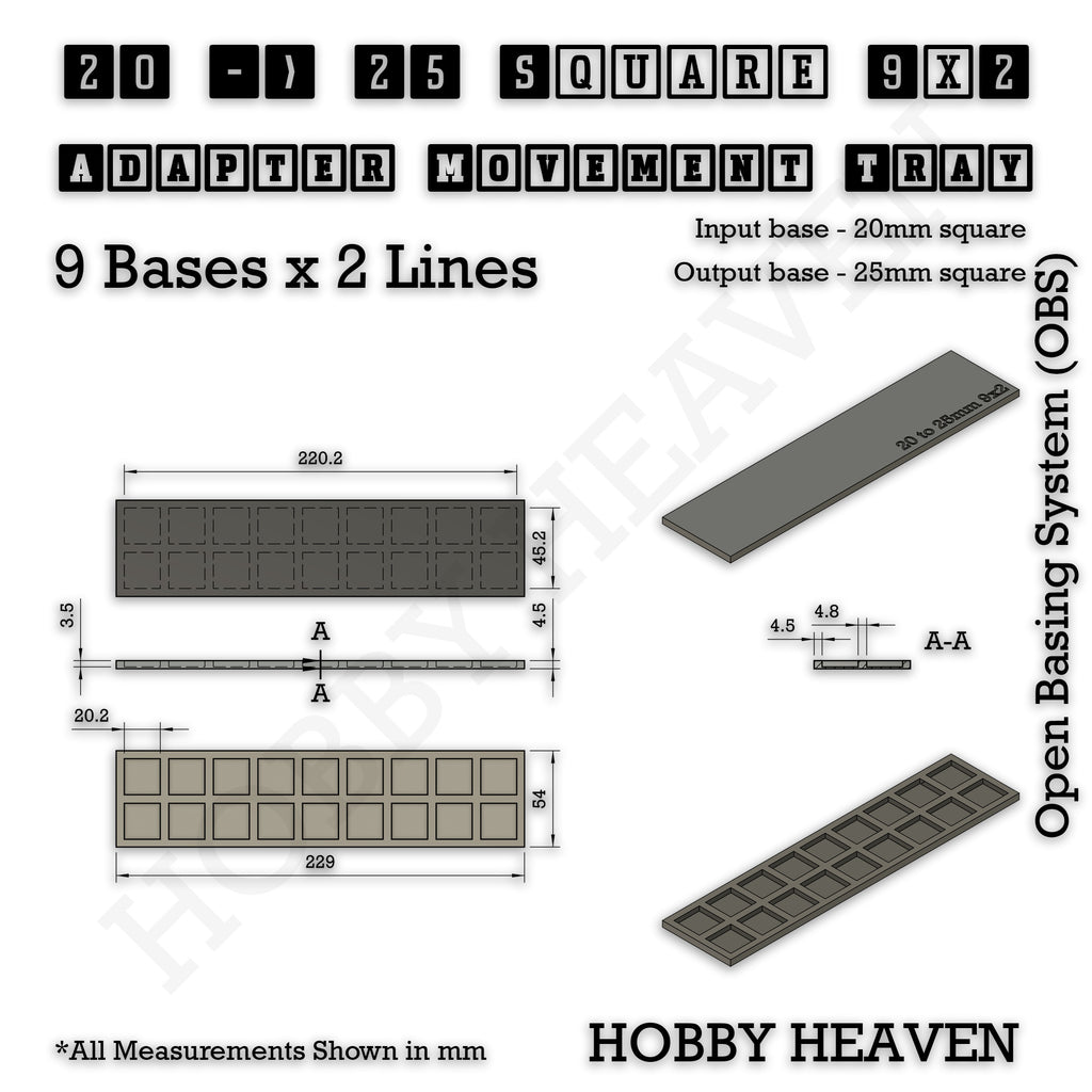 Technical drawing of the 20 to 25 mm square adapter, 9 × 2 formation: 229 × 54 mm overall, 4.5 mm tall.