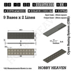 Technical drawing of the 20 to 25 mm square adapter, 9 × 2 formation: 229 × 54 mm overall, 4.5 mm tall.