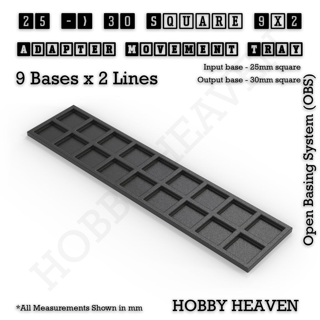 CGI render of the 25 to 30 mm square adapter, 9 × 2 formation, with 18 seats for 25 mm square bases.