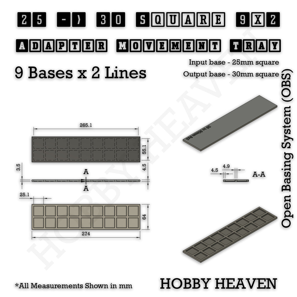 Technical drawing of the 25 to 30 mm square adapter, 9 × 2 formation: 274 × 64 mm overall, 4.5 mm tall.
