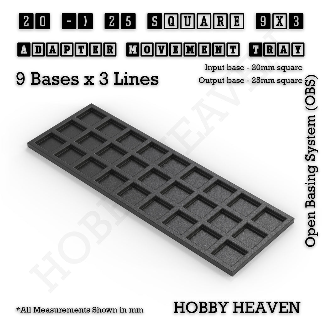 CGI render of the 20 to 25 mm square adapter, 9 × 3 formation, with 27 seats for 20 mm square bases.