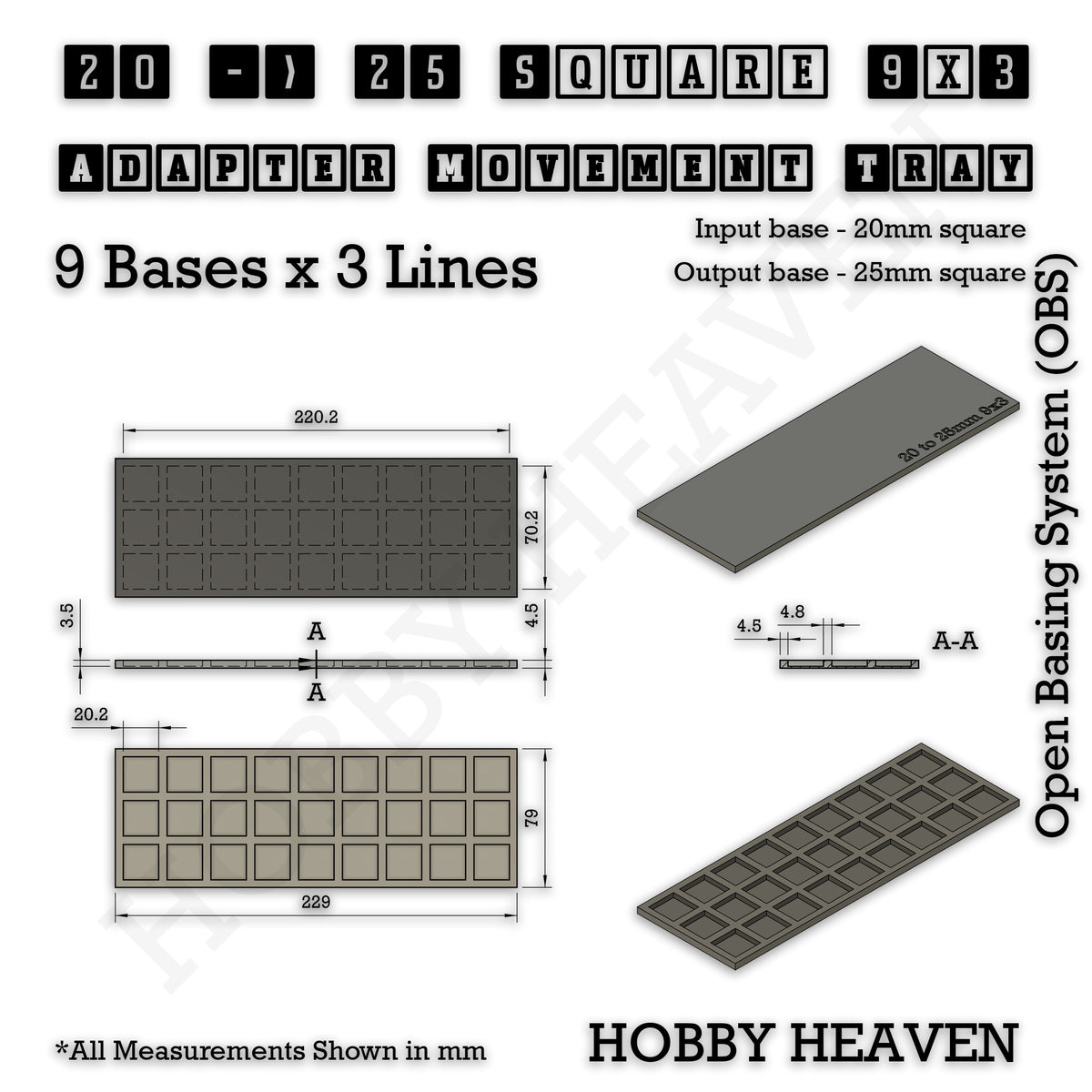 Technical drawing of the 20 to 25 mm square adapter, 9 × 3 formation: 229 × 79 mm overall, 4.5 mm tall.
