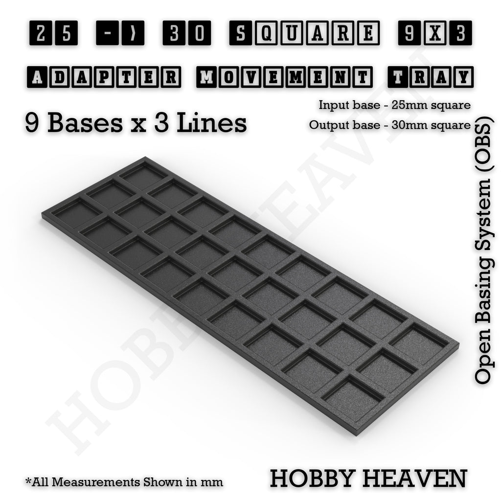 CGI render of the 25 to 30 mm square adapter, 9 × 3 formation, with 27 seats for 25 mm square bases.