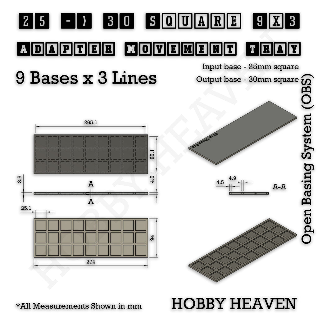 Technical drawing of the 25 to 30 mm square adapter, 9 × 3 formation: 274 × 94 mm overall, 4.5 mm tall.