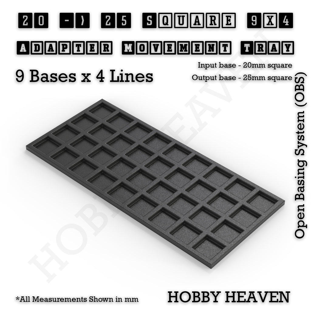 CGI render of the 20 to 25 mm square adapter, 9 × 4 formation, with 36 seats for 20 mm square bases.