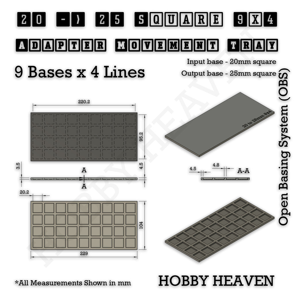 Technical drawing of the 20 to 25 mm square adapter, 9 × 4 formation: 229 × 104 mm overall, 4.5 mm tall.