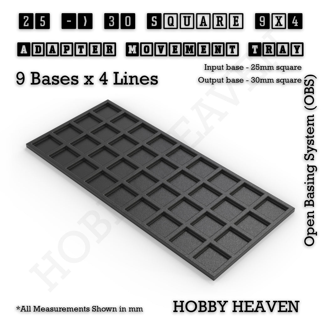 CGI render of the 25 to 30 mm square adapter, 9 × 4 formation, with 36 seats for 25 mm square bases.