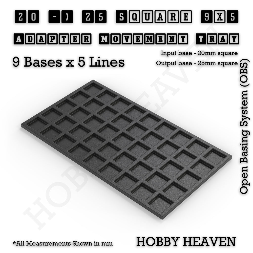 CGI render of the 20 to 25 mm square adapter, 9 × 5 formation, with 45 seats for 20 mm square bases.