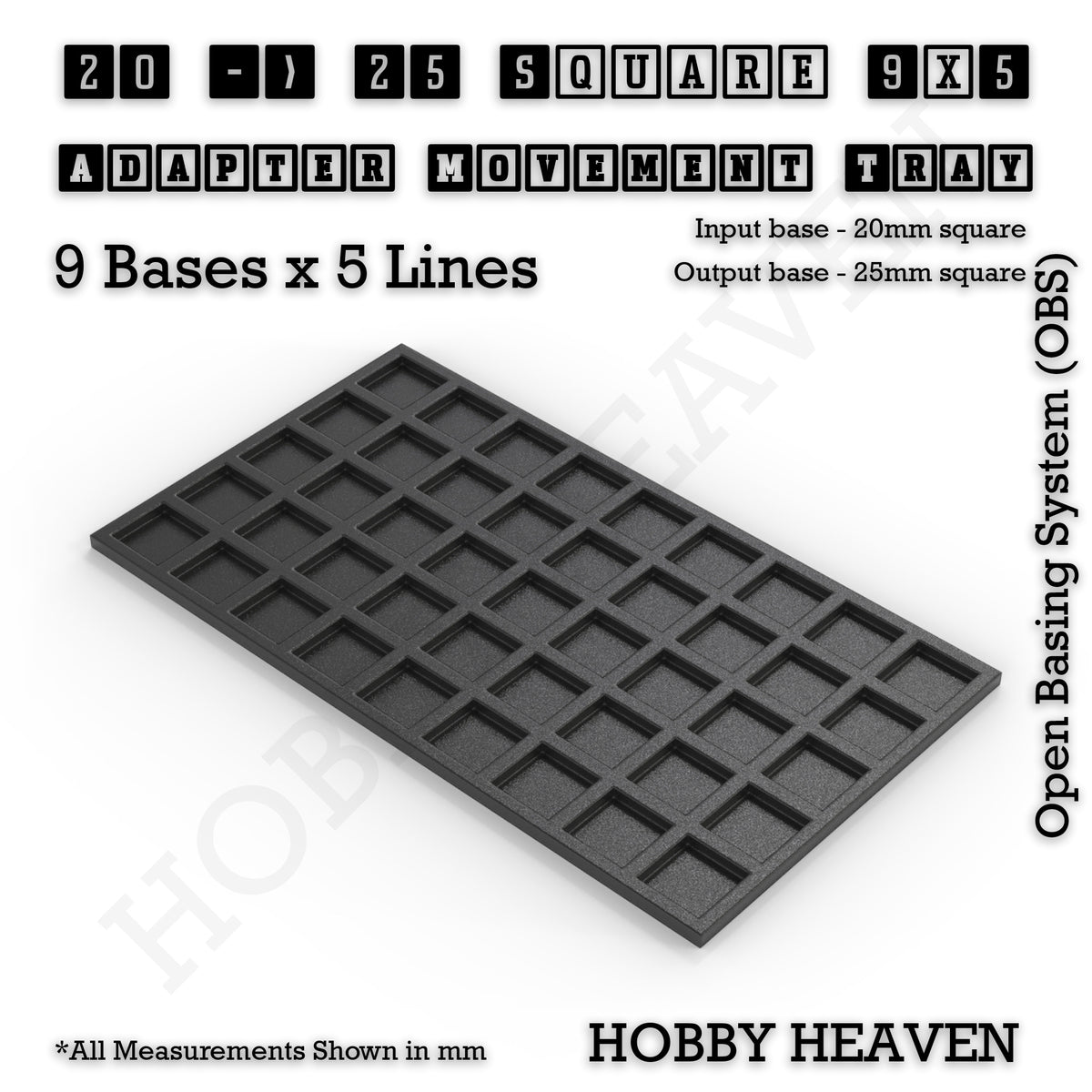 CGI render of the 20 to 25 mm square adapter, 9 × 5 formation, with 45 seats for 20 mm square bases.