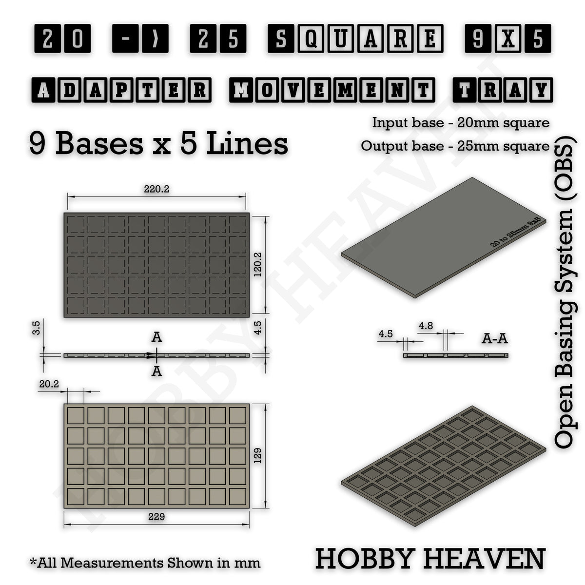 Technical drawing of the 20 to 25 mm square adapter, 9 × 5 formation: 229 × 129 mm overall, 4.5 mm tall.