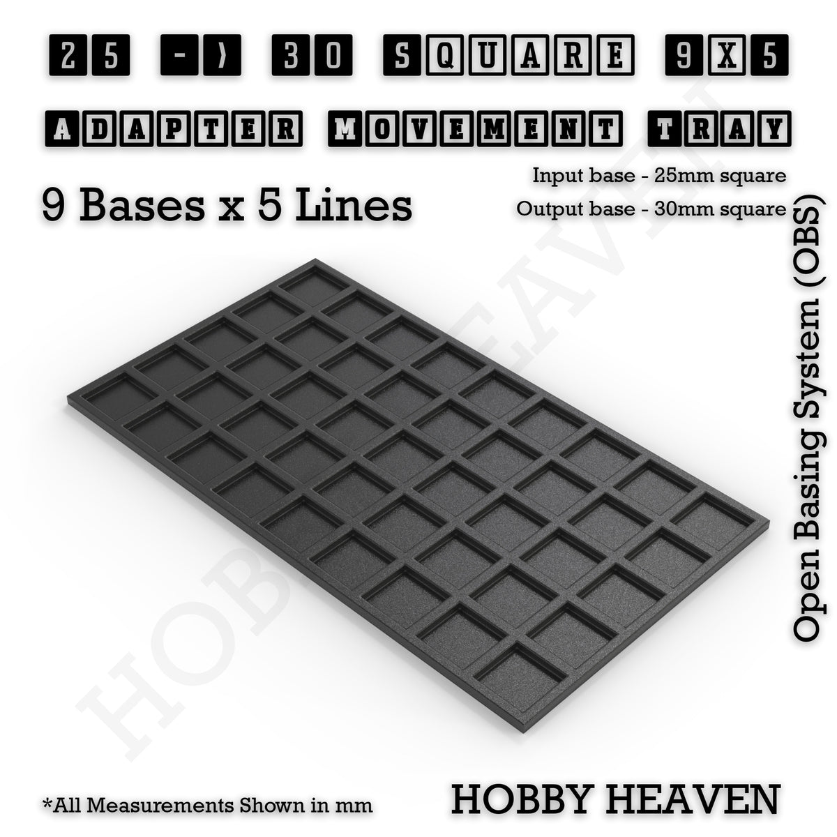 CGI render of the 25 to 30 mm square adapter, 9 × 5 formation, with 45 seats for 25 mm square bases.