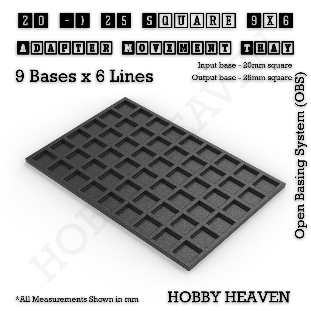 CGI render of the 20 to 25 mm square adapter, 9 × 6 formation, with 54 seats for 20 mm square bases.