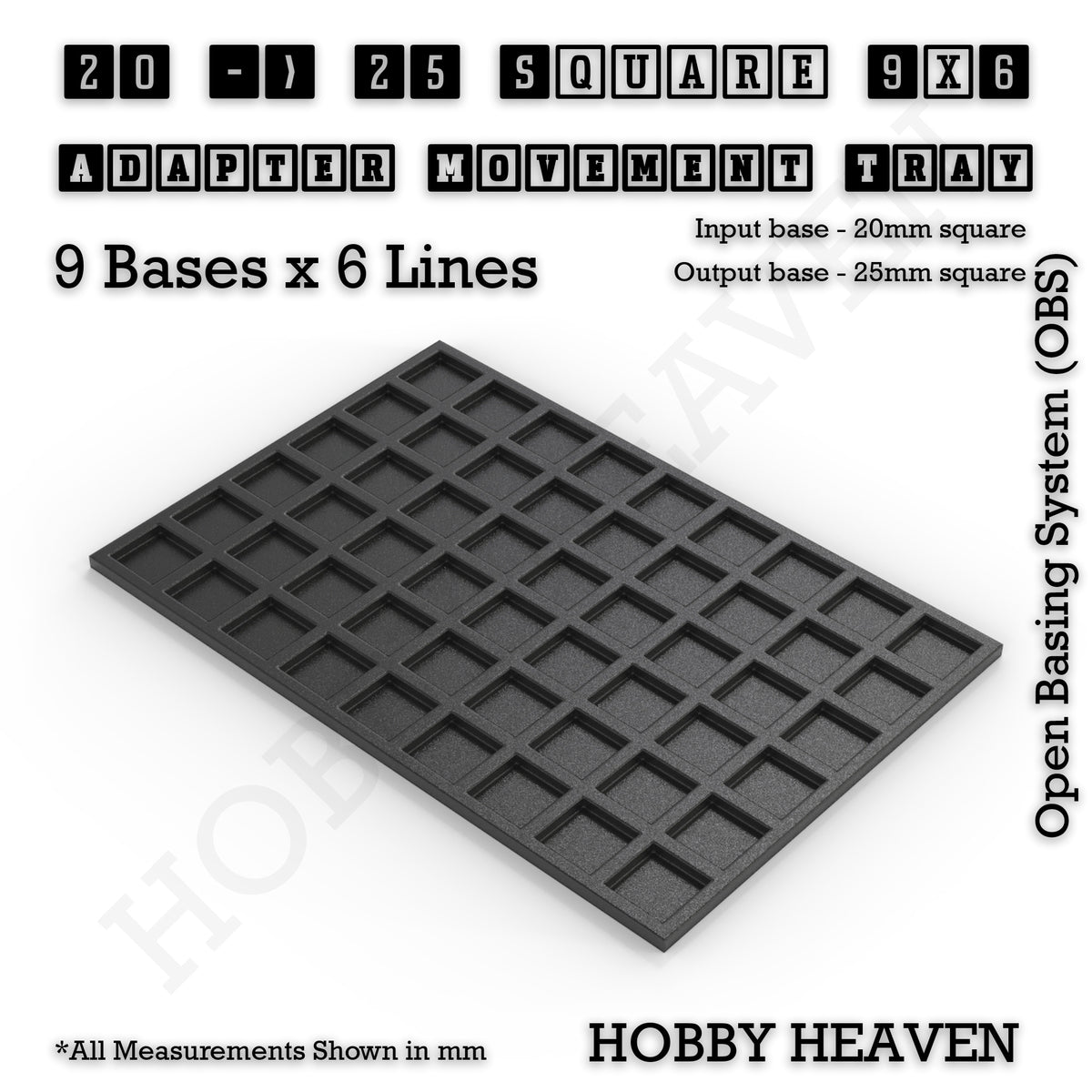 CGI render of the 20 to 25 mm square adapter, 9 × 6 formation, with 54 seats for 20 mm square bases.