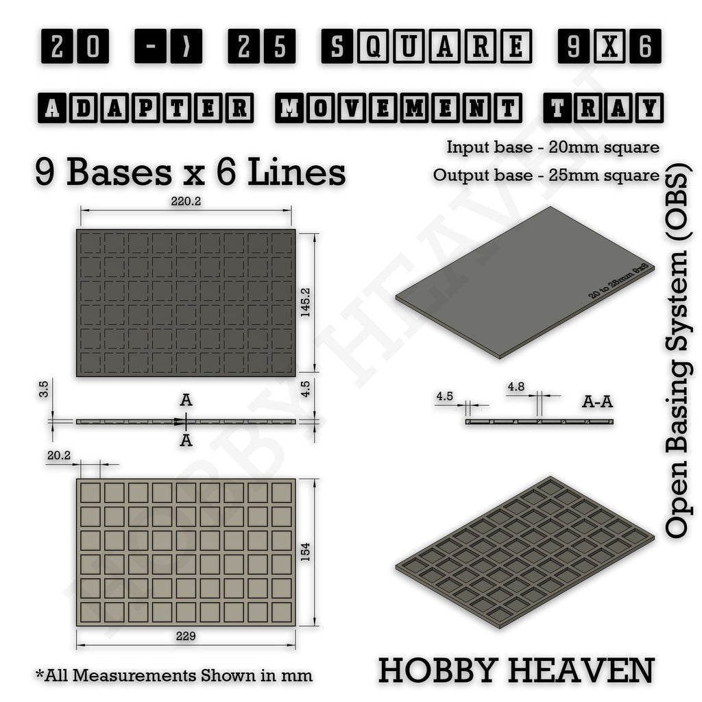 Technical drawing of the 20 to 25 mm square adapter, 9 × 6 formation: 229 × 154 mm overall, 4.5 mm tall.