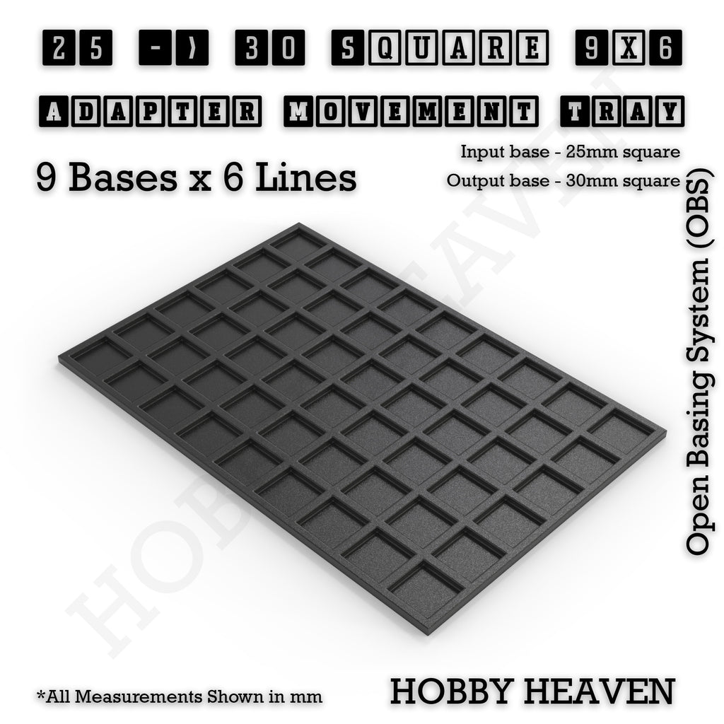 CGI render of the 25 to 30 mm square adapter, 9 × 6 formation, with 54 seats for 25 mm square bases.