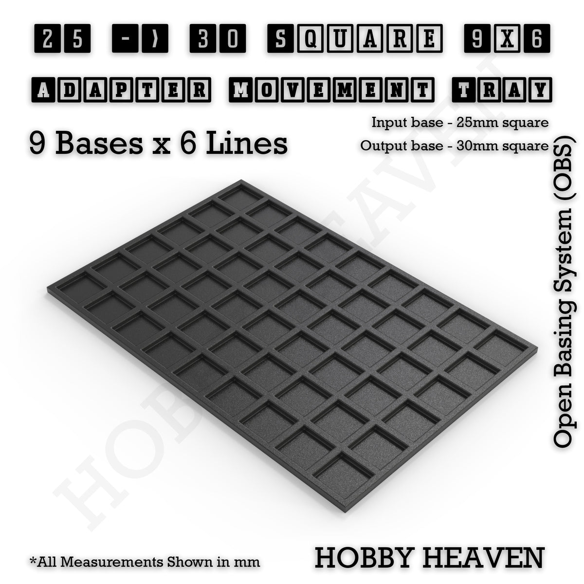 CGI render of the 25 to 30 mm square adapter, 9 × 6 formation, with 54 seats for 25 mm square bases.