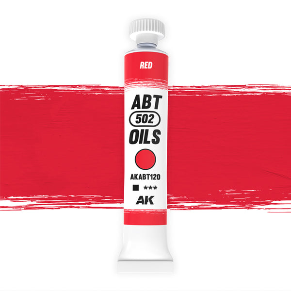 AK Interactive Abteilung 502 Red Oil Paint ABABT120 bottle showcasing its vibrant red color on a clean white background