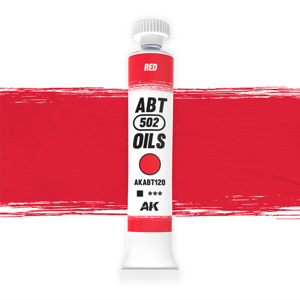 AK Interactive Abteilung 502 Red Oil Paint ABABT120 bottle showcasing its vibrant red color on a clean white background