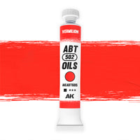 AK Interactive Abteilung 502 Vermilion Oil Paint ABABT605 bottle showcasing its intense, vibrant orange-red color on a clean white background
