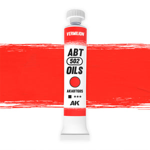 AK Interactive Abteilung 502 Vermilion Oil Paint ABABT605 bottle showcasing its intense, vibrant orange-red color on a clean white background