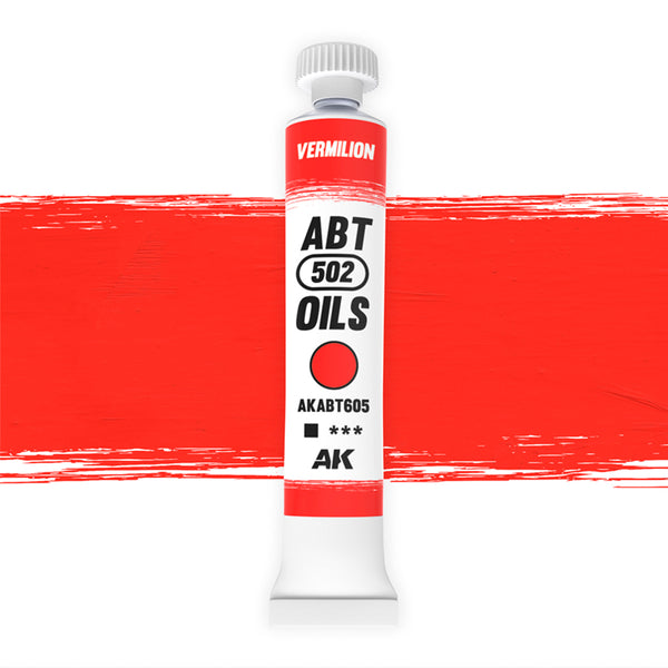 AK Interactive Abteilung 502 Vermilion Oil Paint ABABT605 bottle showcasing its intense, vibrant orange-red color on a clean white background