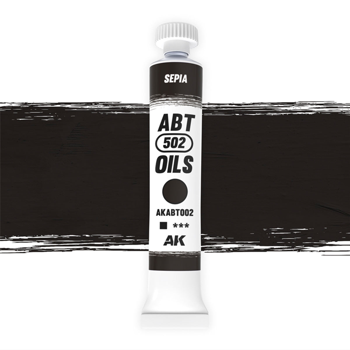 AK Interactive Abteilung 502 Sepia Oil Paint AKABT002 bottle showcasing its rich sepia color on a clean white background