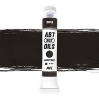 AK Interactive Abteilung 502 Sepia Oil Paint AKABT002 bottle showcasing its rich sepia color on a clean white background
