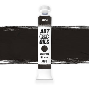 AK Interactive Abteilung 502 Sepia Oil Paint AKABT002 bottle showcasing its rich sepia color on a clean white background