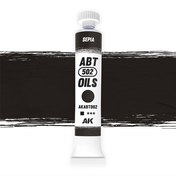 AK Interactive Abteilung 502 Sepia Oil Paint AKABT002 bottle showcasing its rich sepia color on a clean white background