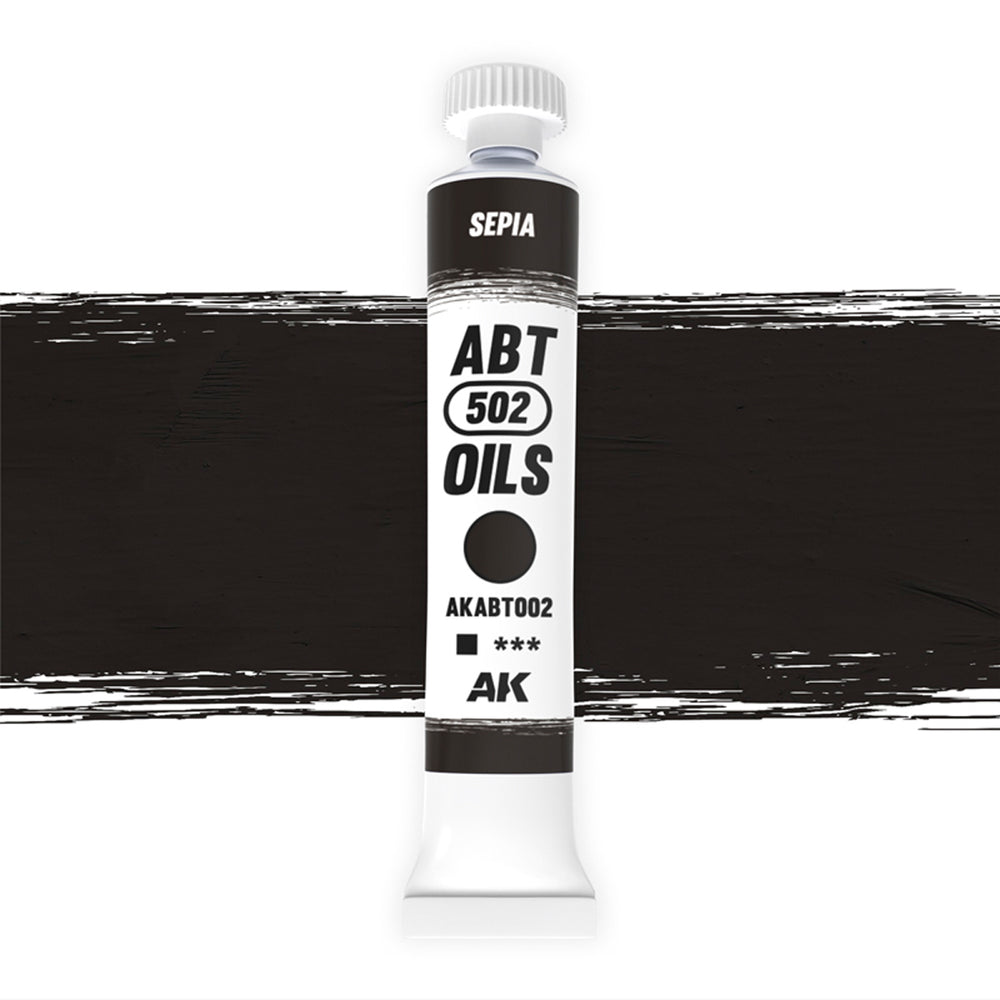 AK Interactive Abteilung 502 Sepia Oil Paint AKABT002 bottle showcasing its rich sepia color on a clean white background